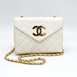 Chanel Lambskin Quilted White Envelope Bag with Large‎ CC